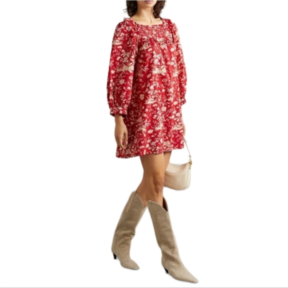 DÔEN Acton Pintucked Floral-print Cotton-voile Mini Dress Large
